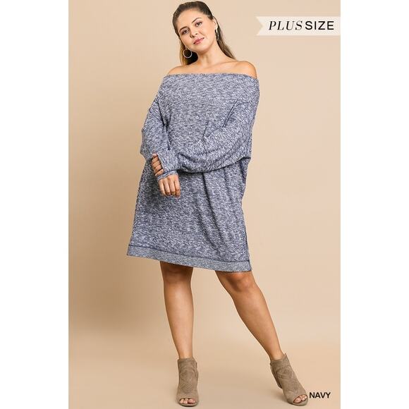 Umgee Off Shoulder Soft Knit Dress Long Sleeve Ribbed Heathered Navy Blue, XL - Picture 3 of 6